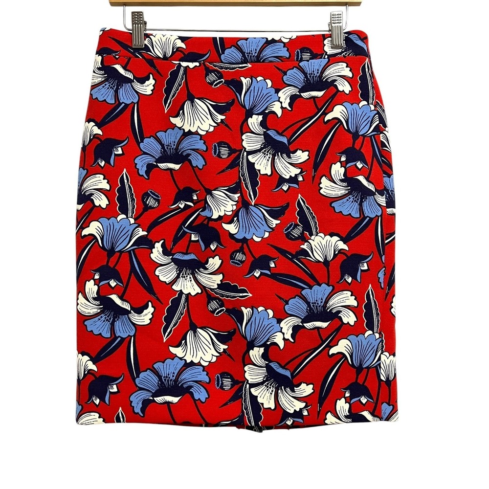 J.Crew‎ Pencil Skirt Womens 4 Red Blue Floral Print Knee Length Career Casual